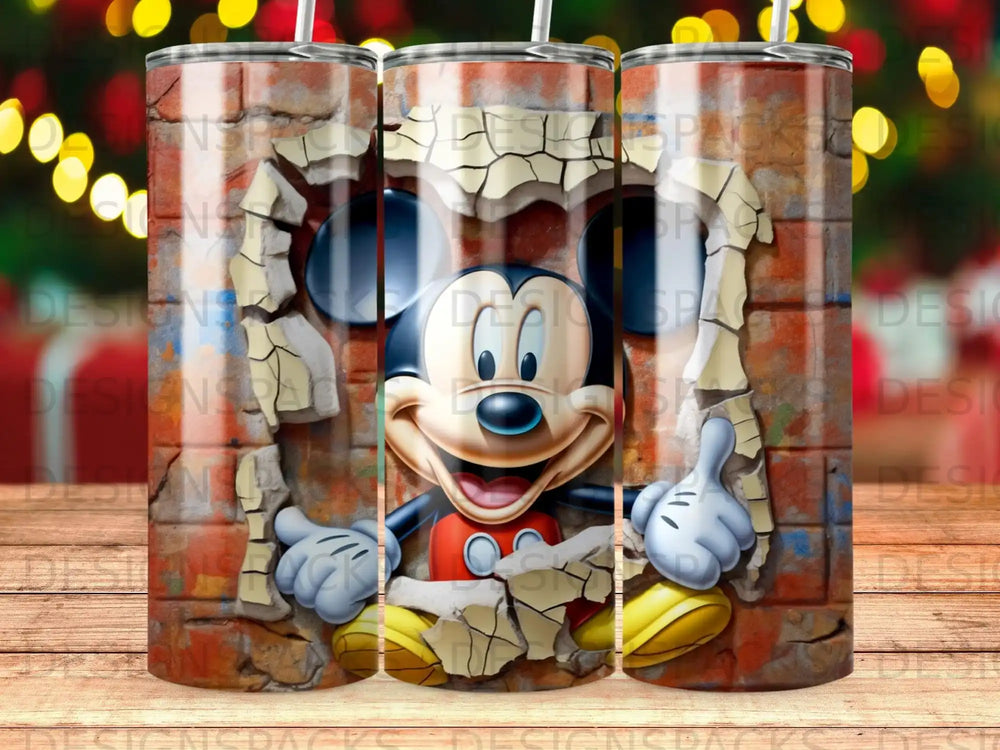 Mickey Mouse peeking through a broken brick wall design on a tumbler.