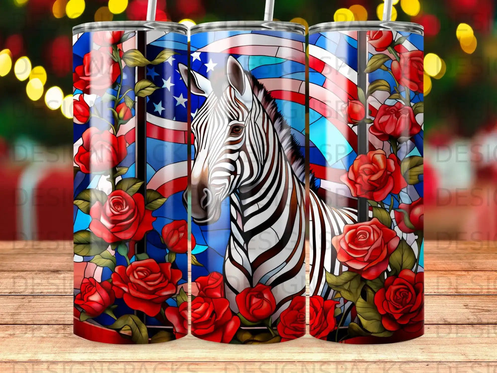 Zebra with American flag and red roses design on a tumbler.