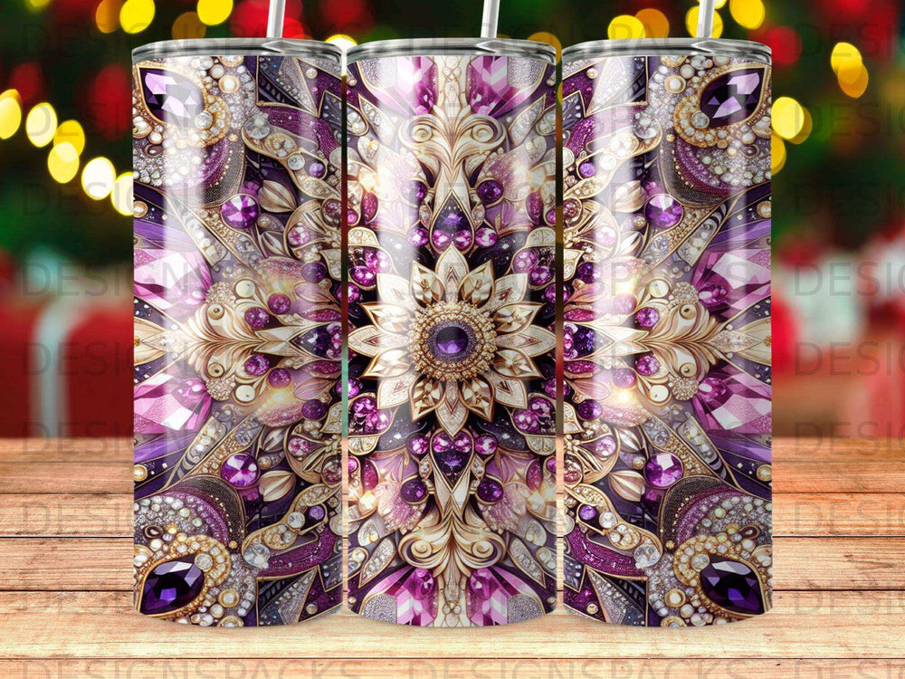 Purple and gold jeweled mandala tumbler with bokeh lights background.