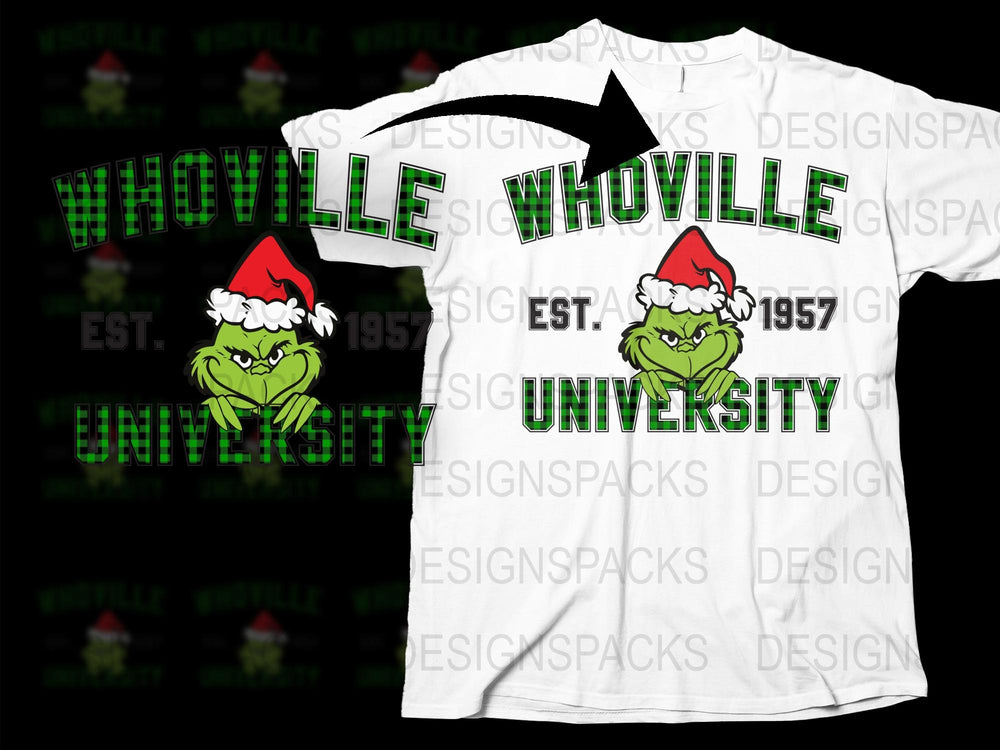 Whoville University T-Shirt, Est. 1957, Grinch Christmas Tee, Festive Holiday Apparel, Graphic Shirt for Fans