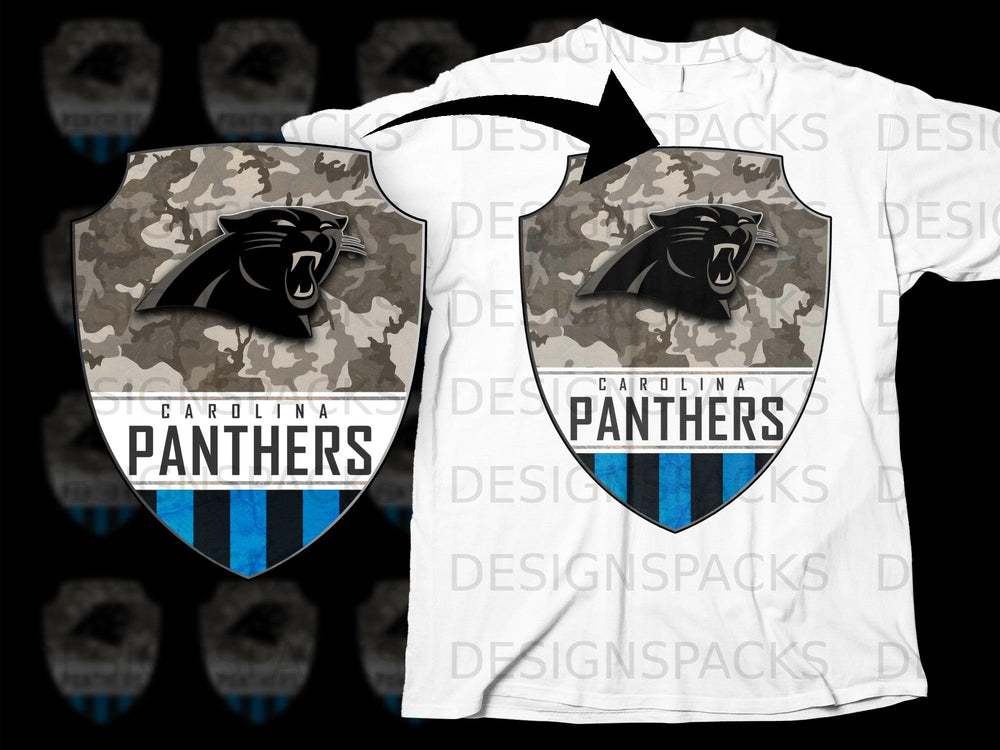 Carolina Panthers shield logo with camouflage and blue stripes on white t-shirt.