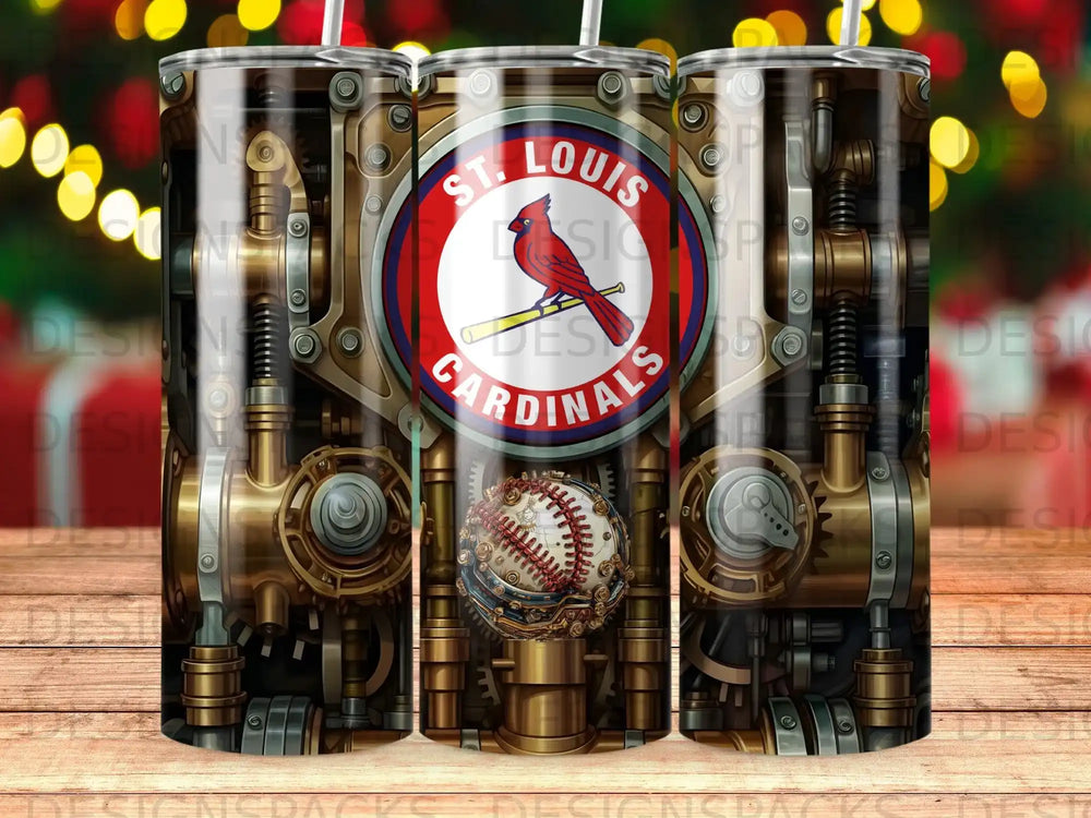 St. Louis Cardinals tumbler with steampunk gears and baseball graphic.