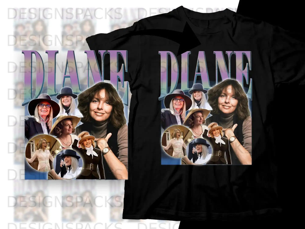 Black t-shirt featuring a collage of actress Diane Keaton in various outfits and poses.
