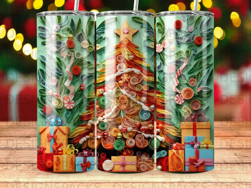 Quilled Christmas tree surrounded by colorful gift boxes on a green background.