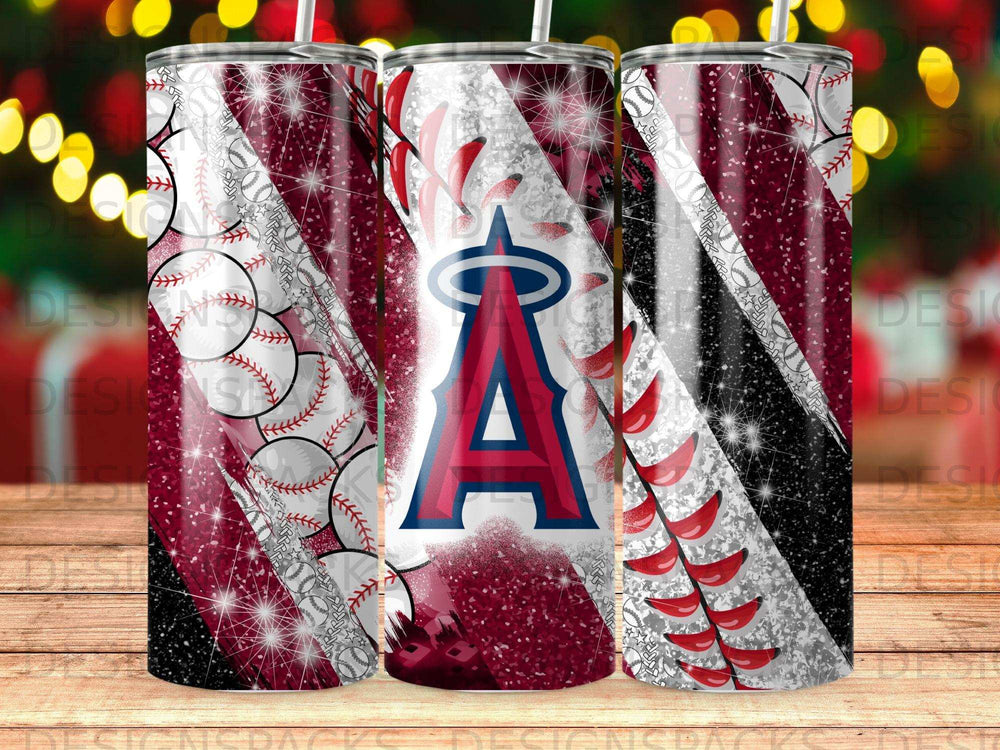 Los Angeles Angels logo on a sparkly, baseball-themed tumbler.