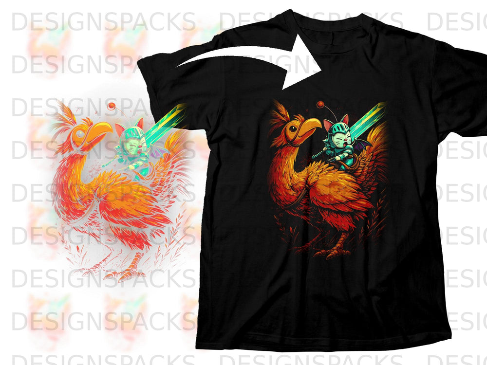 Black t-shirt featuring a knight riding a red and orange chocobo.