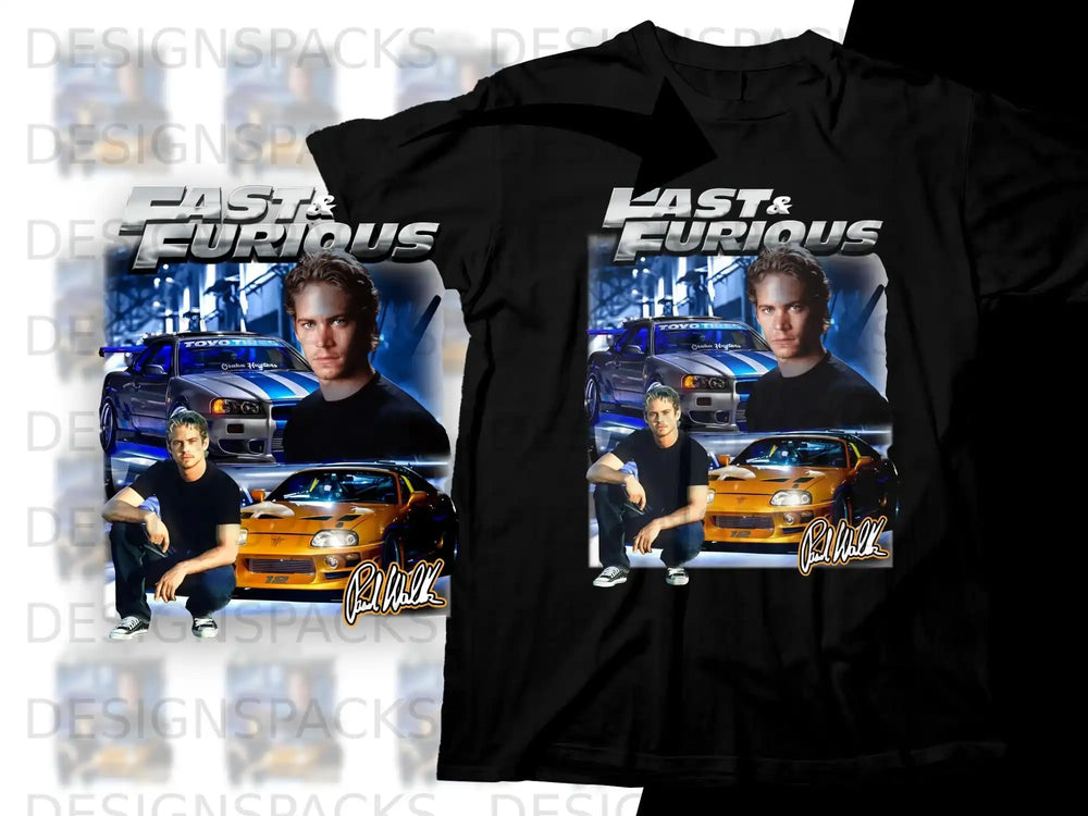 T-shirt featuring Vin Diesel and a Toyota Supra from The Fast and the Furious.