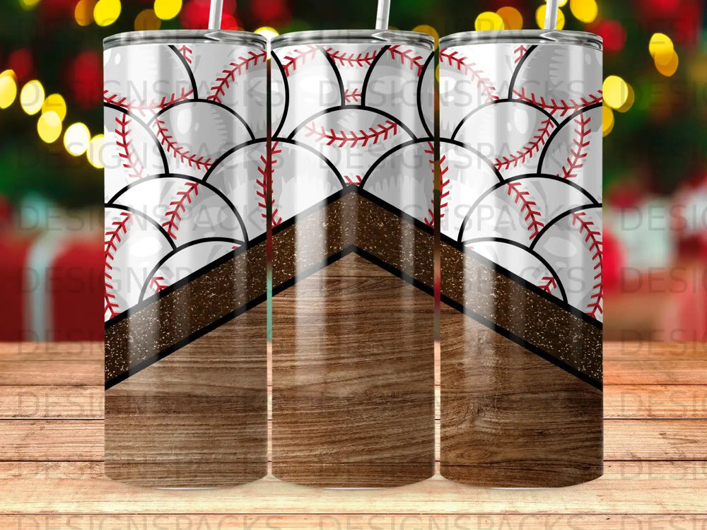 Tumbler with baseball pattern and woodgrain design.