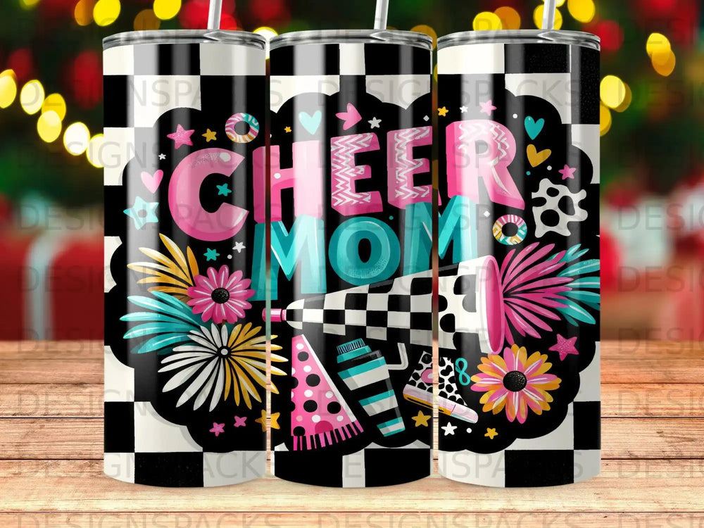 Black and white checkered tumbler with "Cheer Mom" text and colorful cheerleading graphics.