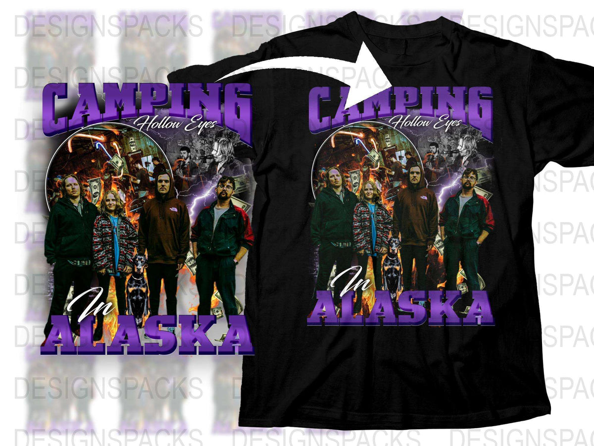 Camping in Alaska Graphic T-Shirt, Hollow Eyes Design, Unisex Black Tee with Fire Motif