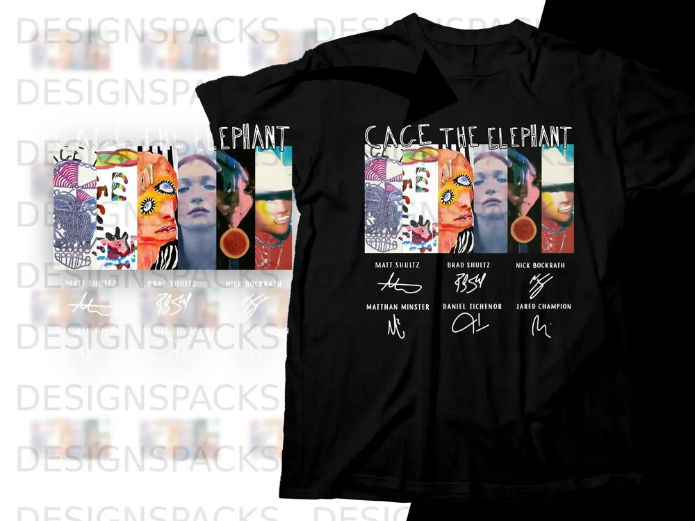 Cage the Elephant album art t-shirt featuring band members' portraits and signatures.