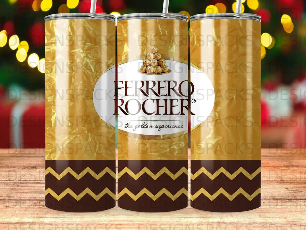 Ferrero Rocher chocolate tumblers with gold and brown chevron pattern.
