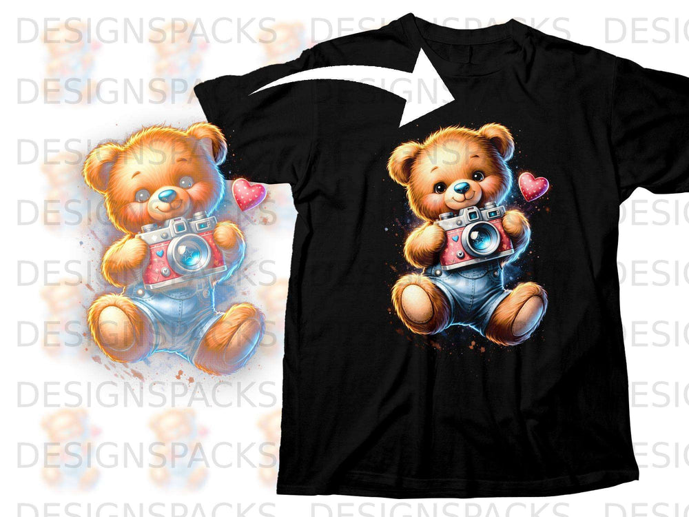 Illustration of a cartoon teddy bear holding a pink camera on a black t-shirt.