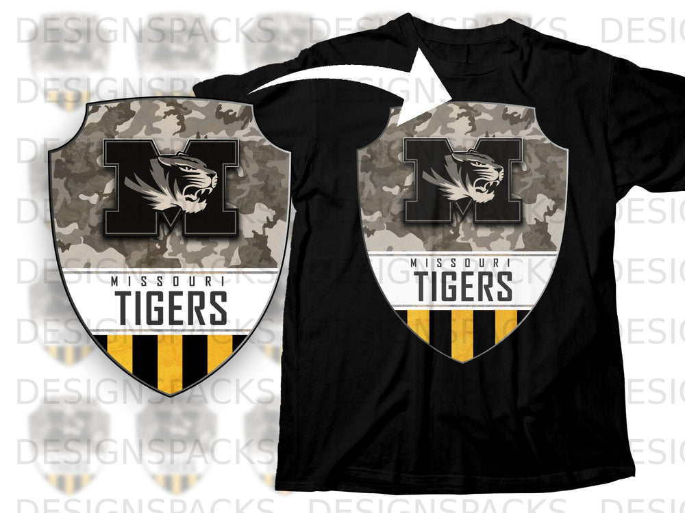 Black t-shirt featuring a Missouri Tigers shield with camouflage and tiger graphics.