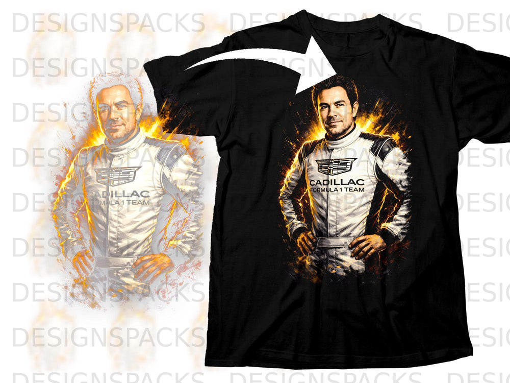 Cadillac Formula 1 Team driver in racing suit with fiery background design.