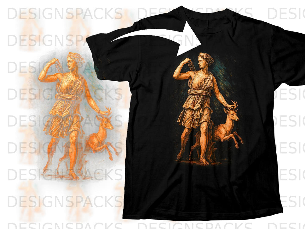 T-shirt with a black background featuring a Greek statue of Artemis with a deer.