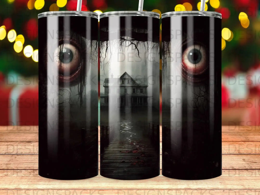 Spooky house and eye on a dark, misty path with glowing lights.
