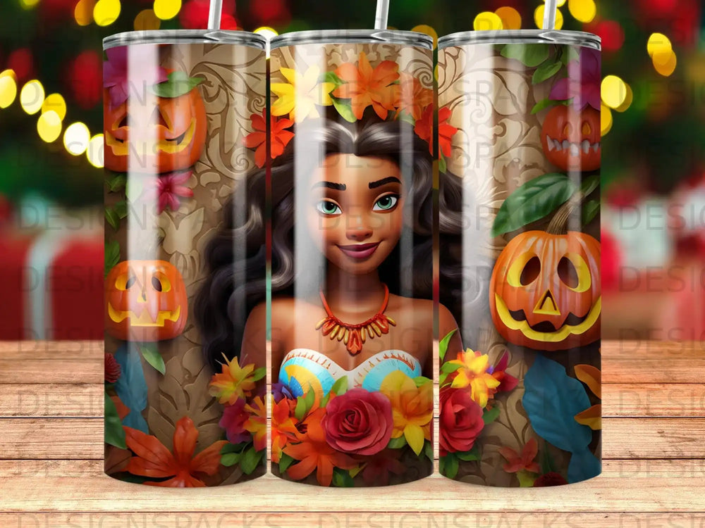 Moana character with pumpkins and fall flowers, surrounded by festive lights.