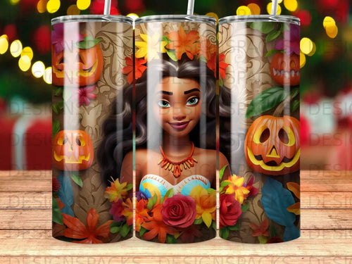 Moana character with pumpkins and fall flowers, surrounded by festive lights.