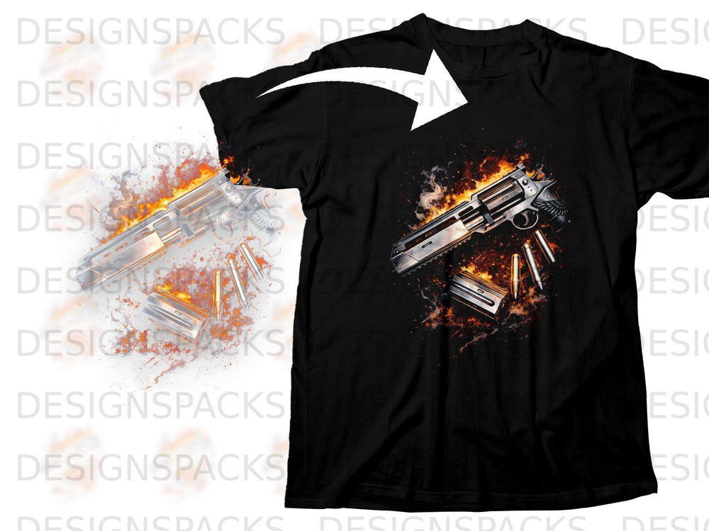 Black t-shirt with a flaming revolver and bullets graphic design.
