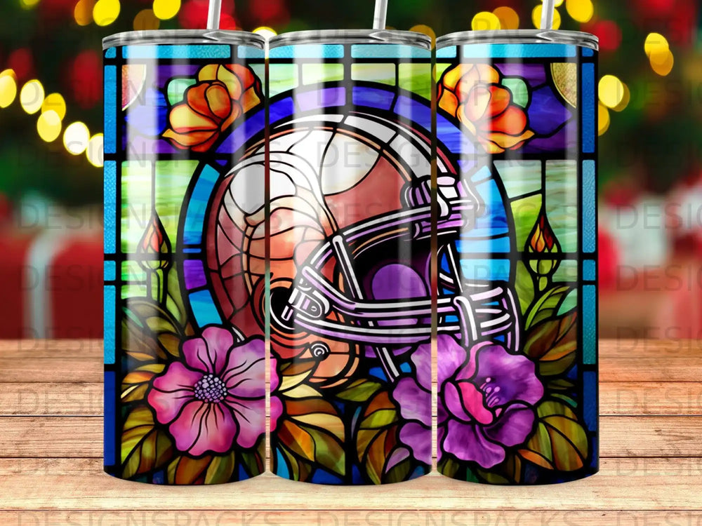 Stained glass helmet with flowers and leaves, possibly for sports.