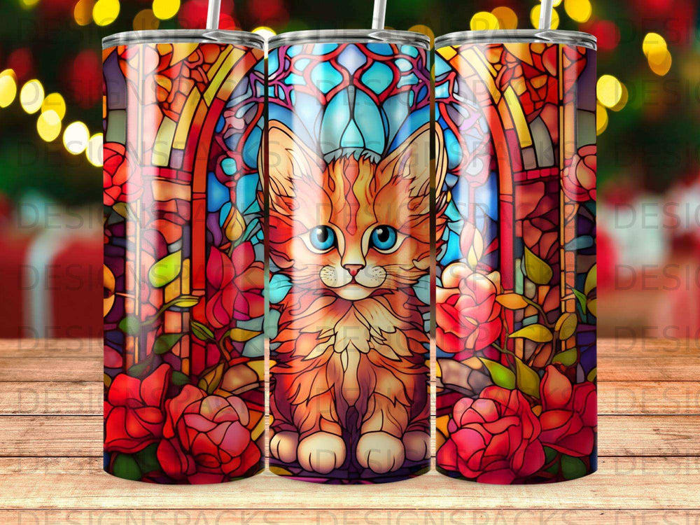 Orange tabby cat with blue eyes in stained glass rose window.