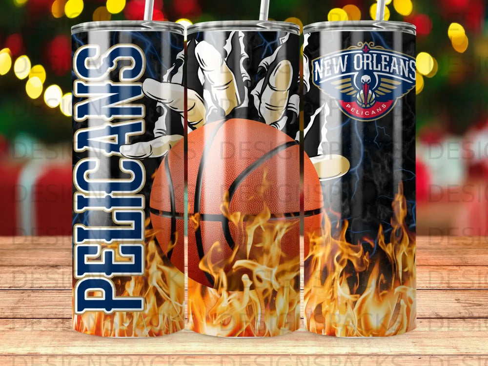 New Orleans Pelicans basketball and flames design on three tumblers.