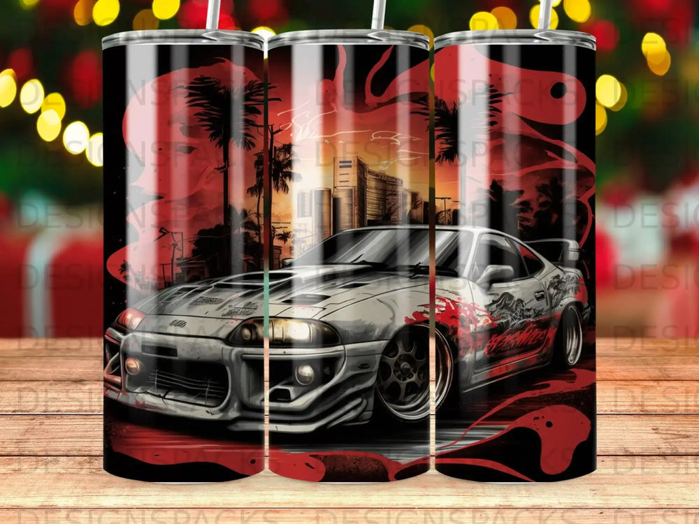 Silver sports car with red accents and palm trees, cityscape background.
