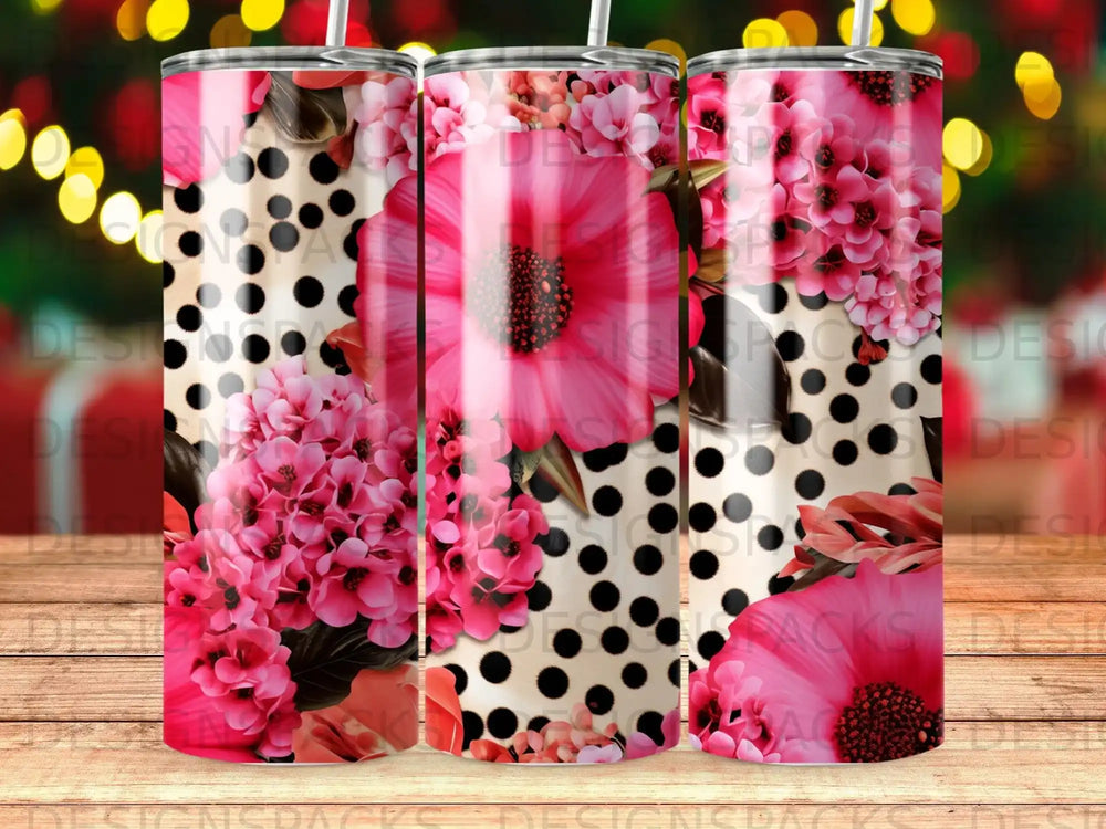 Pink hydrangeas and bold polka dots on a gradient tumbler.