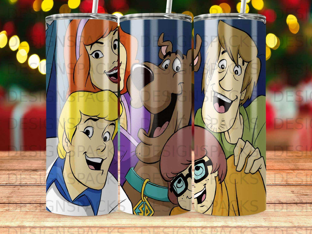 Scooby-Doo and the gang smiling on a blue and purple background.