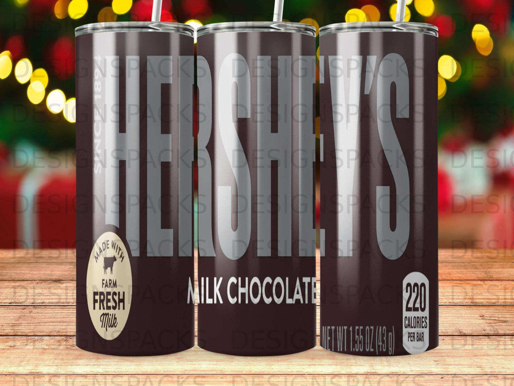 Hershey's Milk Chocolate bar with nutritional information on a tumbler.