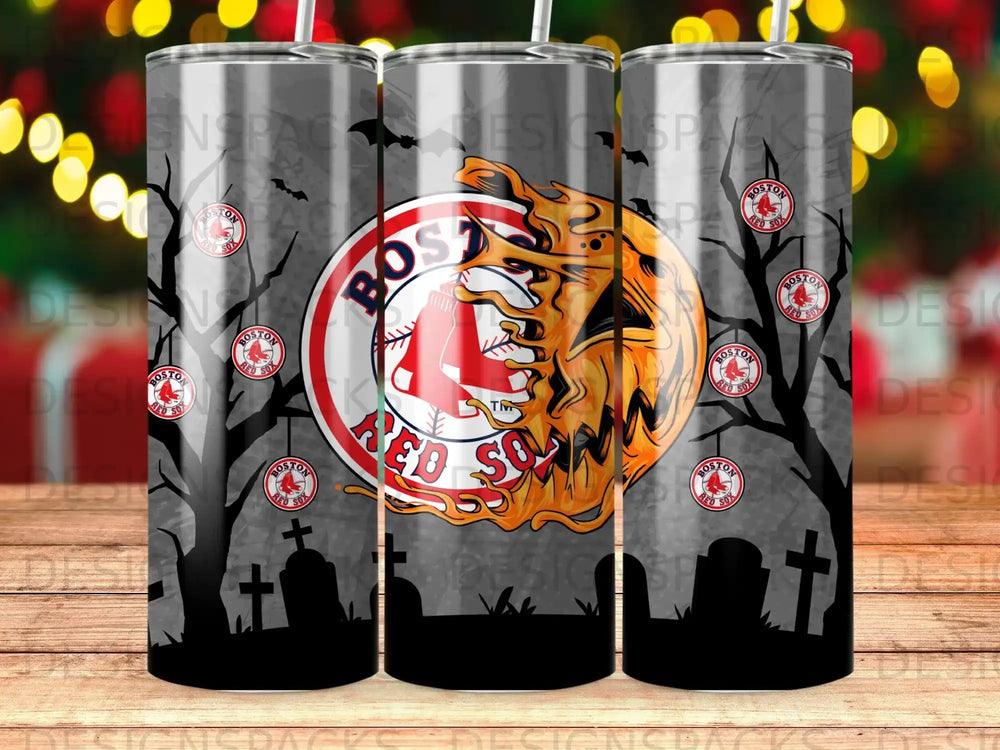 Boston Red Sox Halloween tumbler with tombstone and tree silhouettes.