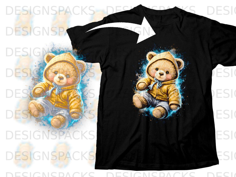 Black t-shirt featuring a cartoon teddy bear wearing a yellow hooded jacket and blue pants.