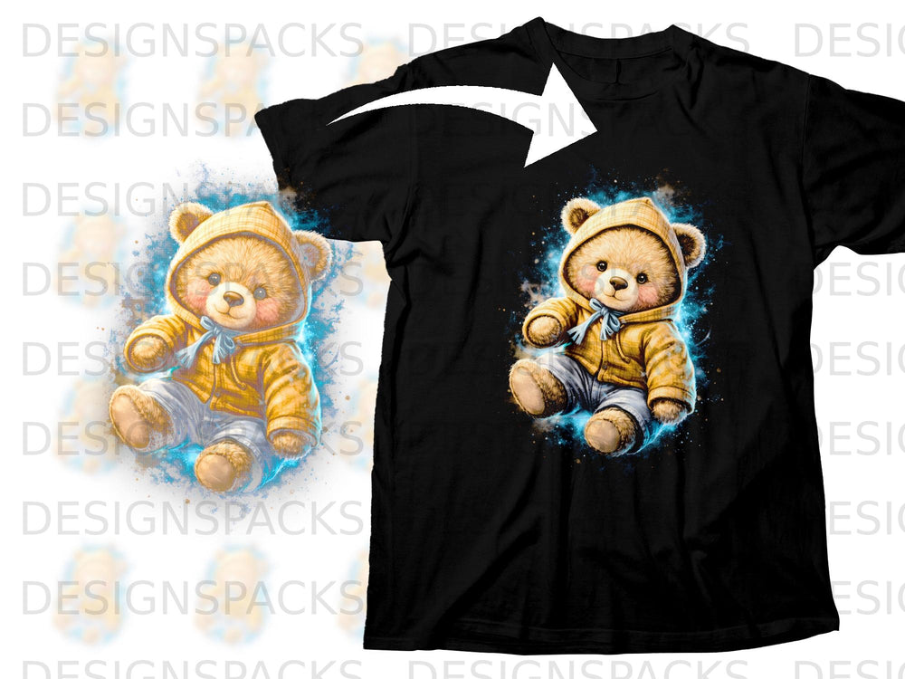 Black t-shirt featuring a cartoon teddy bear wearing a yellow hooded jacket and blue pants.