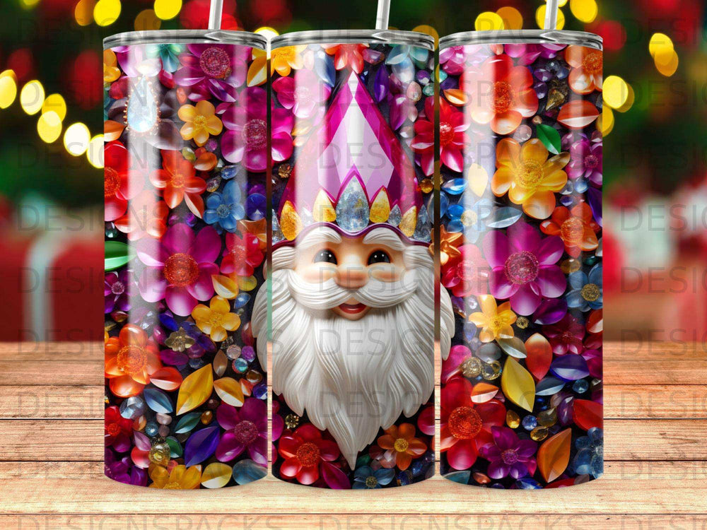Gnome with jeweled floral crown on tumbler.