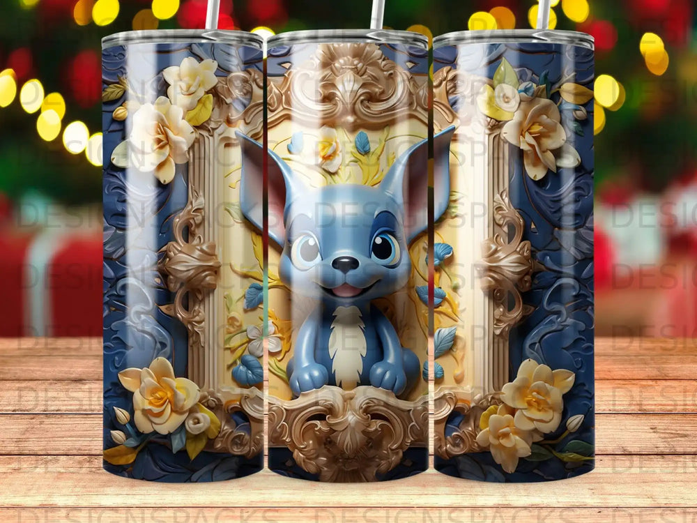 Blue cartoon creature with large eyes and ears on decorative background with flowers.