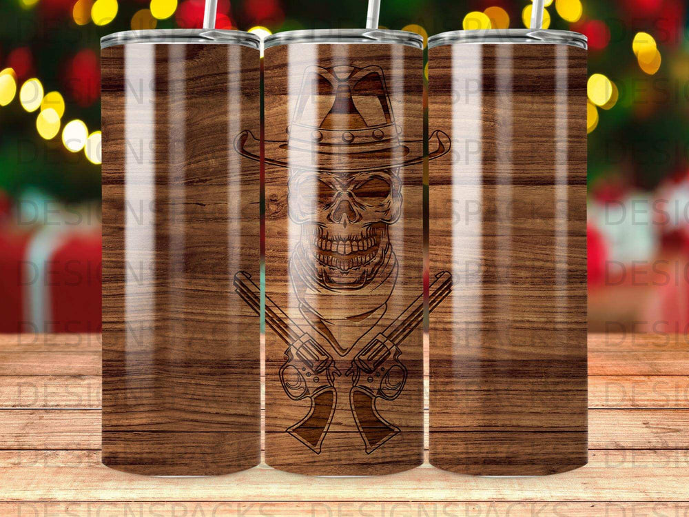 Woodgrain background with a cowboy skull and crossed revolvers design.