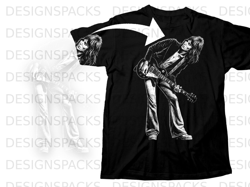 Black t-shirt with a detailed sketch of a guitarist playing an electric guitar.