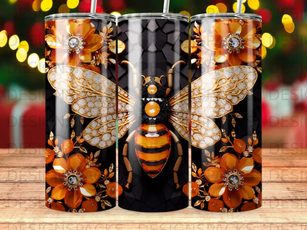 Black tumbler with a jewel-encrusted bee and floral accents.