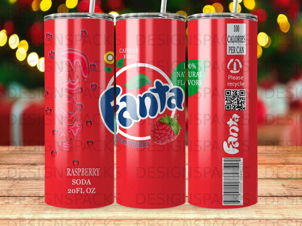 Fanta Raspberry soda 20 fl oz can with nutrition facts and recycling symbol.