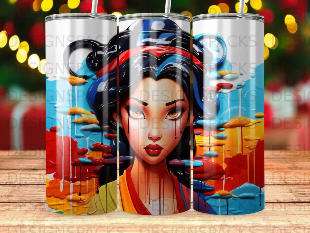 Snow White character art with colorful paint drips.