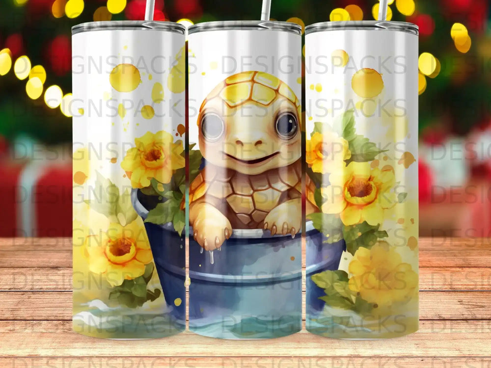 Watercolor turtle peeking from a bucket with yellow flowers.