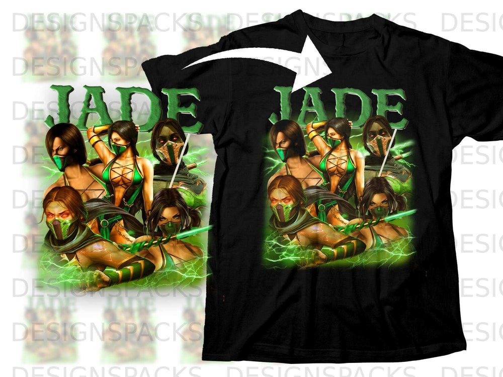 Black t-shirt featuring Jade from Mortal Kombat in green energy, with "JADE" text.