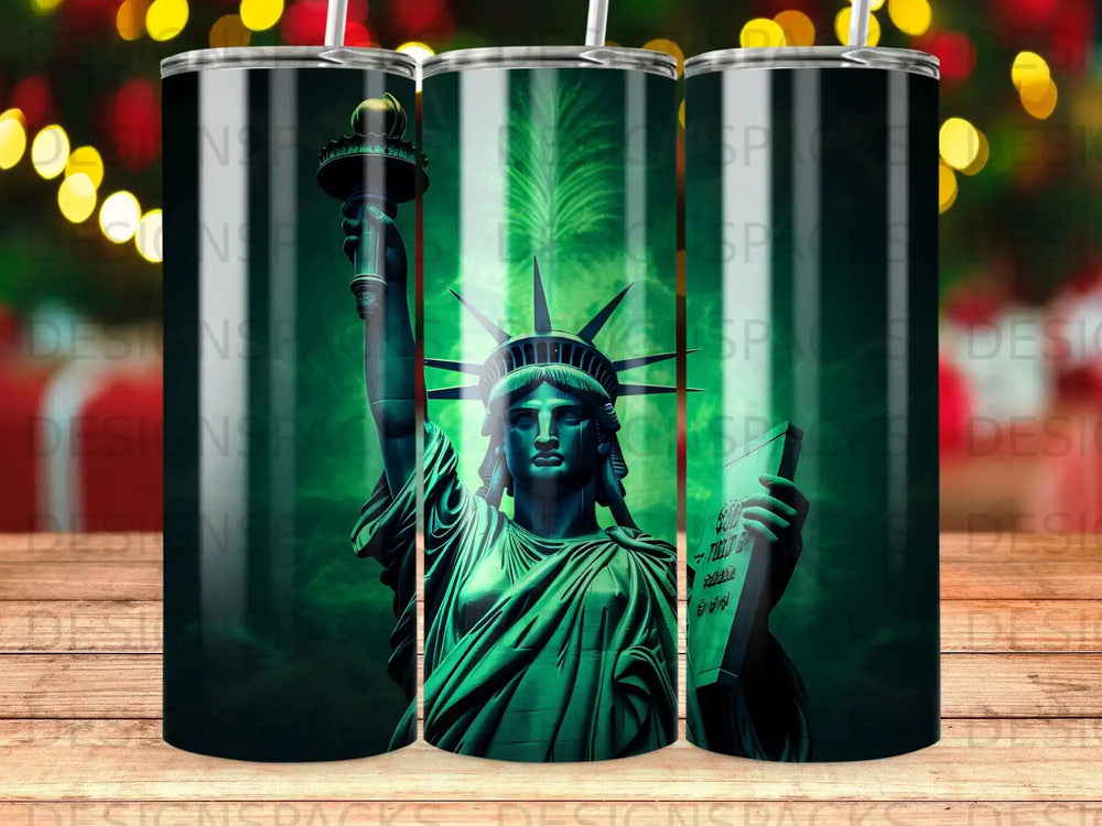 Statue of Liberty holding torch and tablet against green glow.