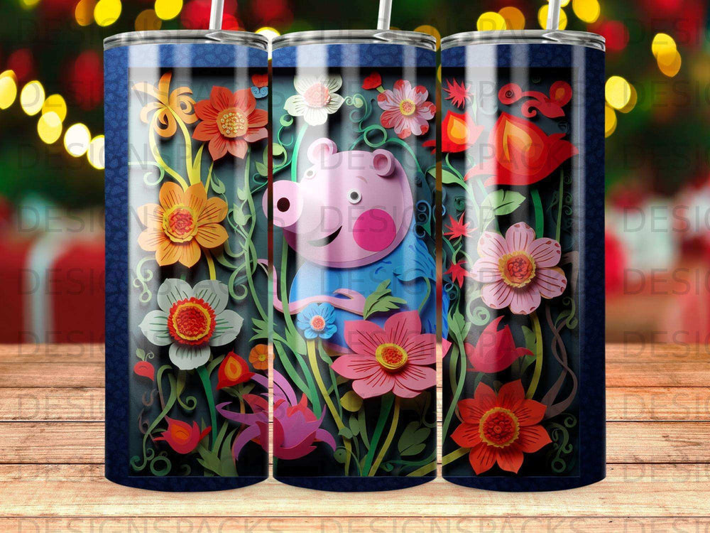 Peppa Pig character surrounded by colorful paper flowers on a blue background.
