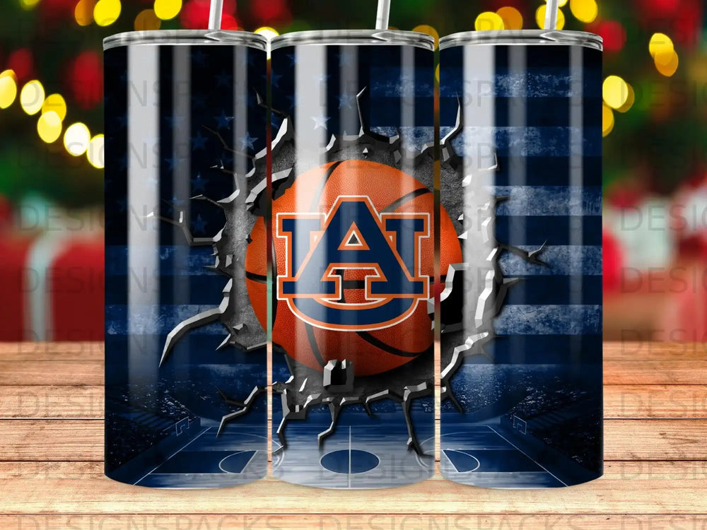 Auburn Tigers basketball logo on distressed US flag with stadium background.