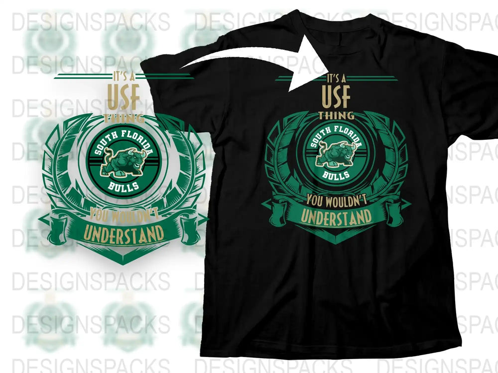 USF Bulls T-Shirt, South Florida College Sports Team Apparel, Green and Black Tee