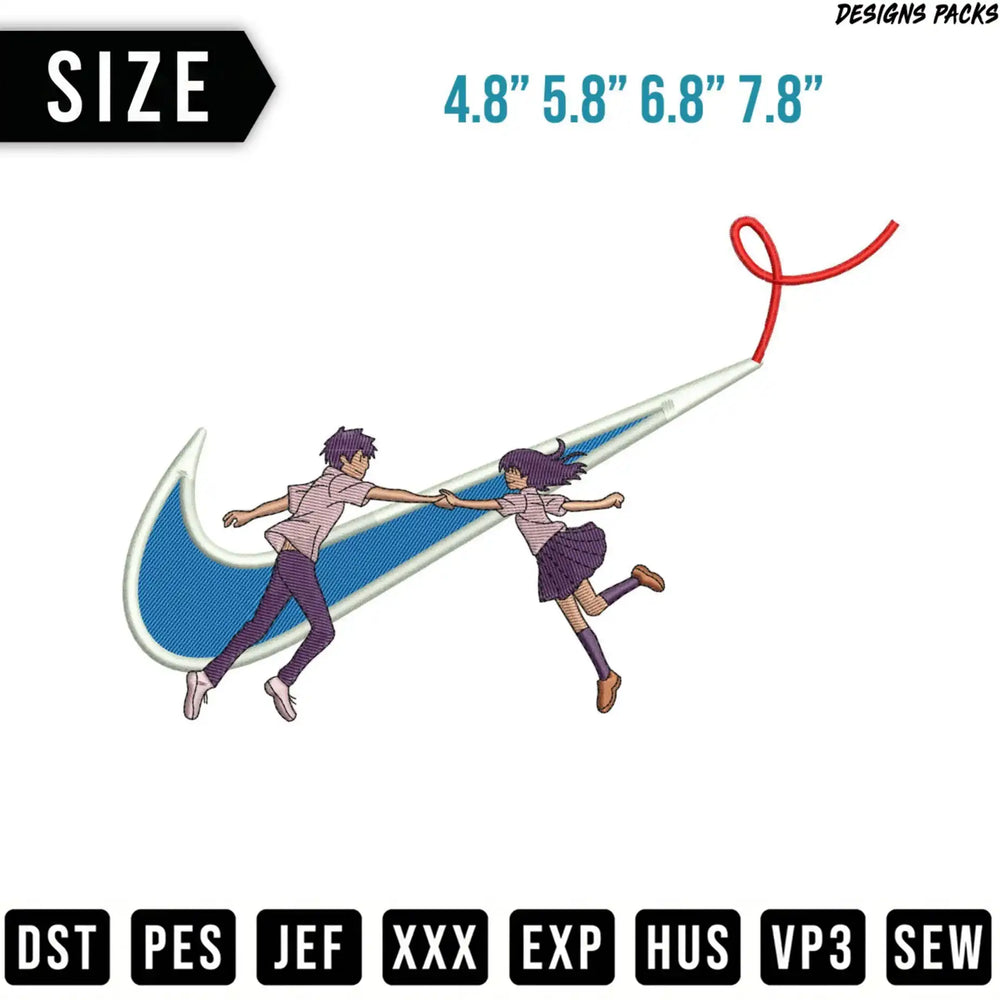 Anime couple holding hands, embroidered with a swoosh and needle.