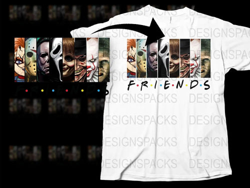 Friends Horror Movie Mashup T-Shirt, Unique Graphic Tee, Halloween Party Apparel, Scary Faces Design