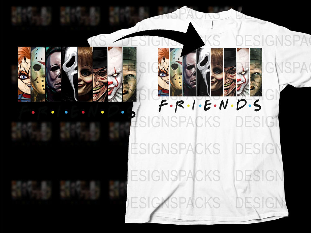 Friends Horror Movie Mashup T-Shirt, Unique Graphic Tee, Halloween Party Apparel, Scary Faces Design